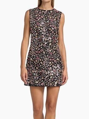 Milly Black Shift Dress with Gold and Pink Sequin Floral Motif